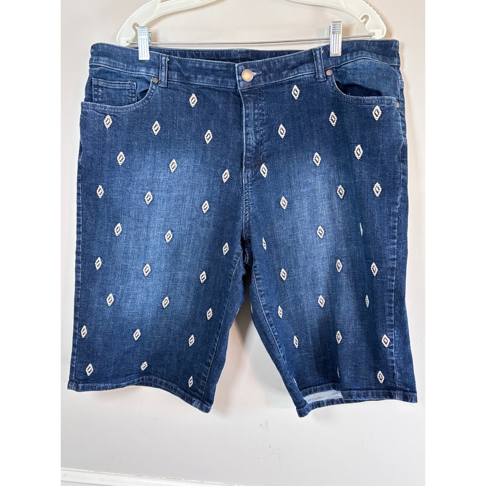 CJ Banks Womens Plus 20W Embroidered Diamond Denim Bermuda Shorts Dark Wash Blue